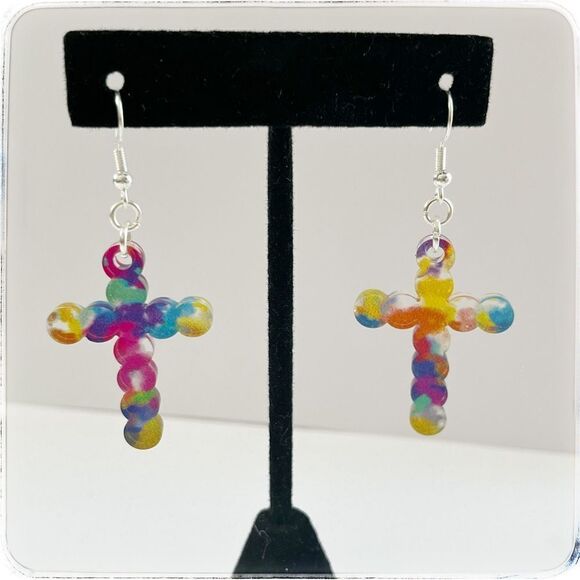 Handmade multicolor acrylic bubble cross earrings - Picture 1 of 2